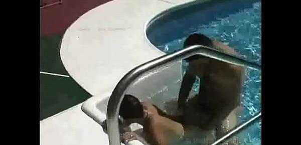  Brunette MILF babe gets fucked by a pool before 69ing